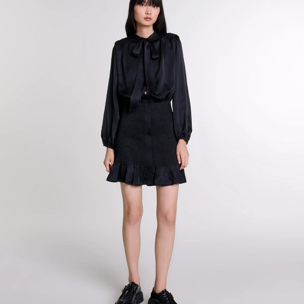 Maje Black Short Smocked Dress Long Sleeve Mini